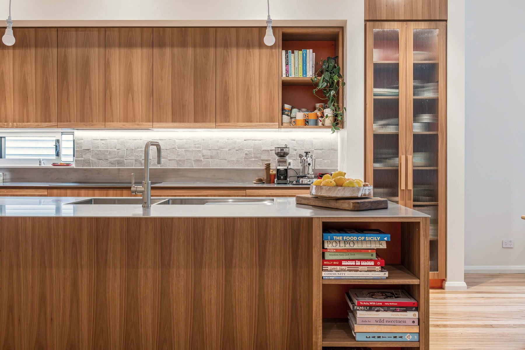Timber kitchen with steel benchtop and open shelves